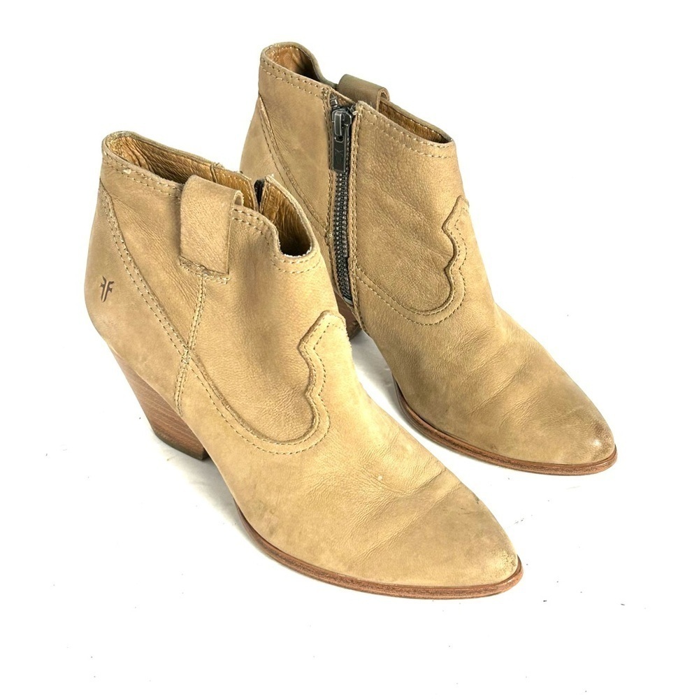 Frye Reina Ankle Bootie Women Size 6.5 M Tan Brown Leather Cowboy Western Zipper